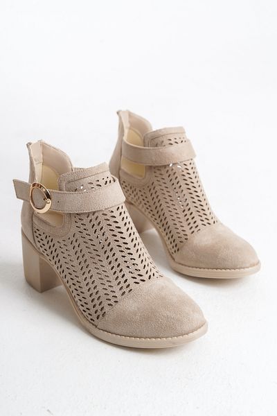 MARSEDO Καλοκαιρινές μπότες Nova Beige - Κομψές στρογγυλές τρύπες με χοντρό τακούνι σουέτ