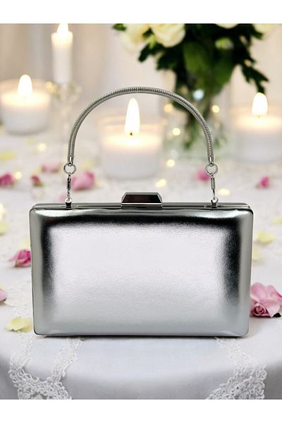 MidStore Silver Gray Lame Color Skin Leather Matte Leather Evening Dress Bag Evening Bag Engagement Wedding Bag