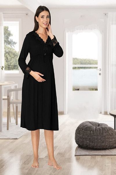 Effort Pijama Zerre Bebe Women's Black Long Sleeve Pajamas Set Nightgown Dressing Gown Maternity Pregnant 4 Pieces Set