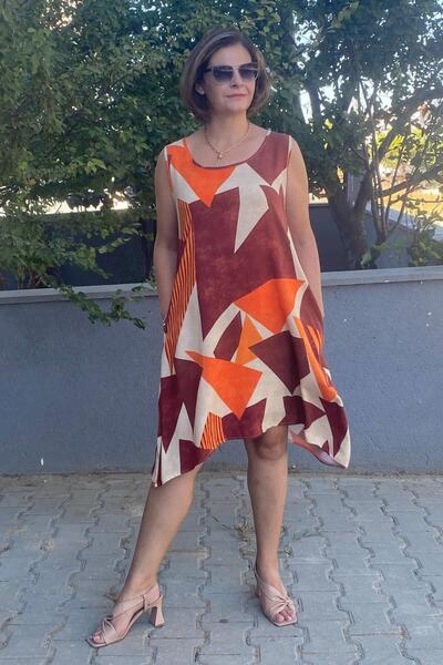 Mia Butik Plus Size Straps Coffee-Orange-Cream Geometric Print Dress