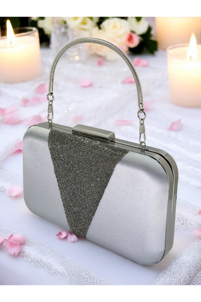 Ahenk Design Geantă elegantă din satin de culoare gri argintiu cu detalii platină, potrivită pentru seară, logodnă sau nuntă.