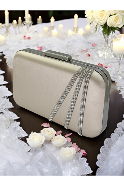 Generic Brand Nude Color Satin Evening Dress Bag with Silver Crystal Stones, ...