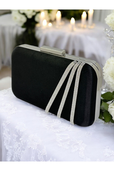 Ahenk Design Geantă elegantă din satin negru, decorată cu pietre argintii, po...