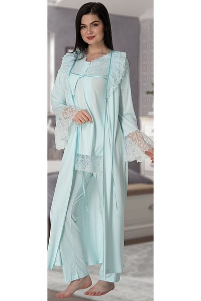 Effortt Women's Turquoise Sleeves Laced Maternity Pajamas Set with Dressing Gown 5044