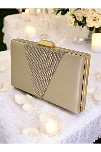 Ahenk Design Geanta de seara din satin nud din piatra aurie Geanta de seara Geanta de nunta de logodna