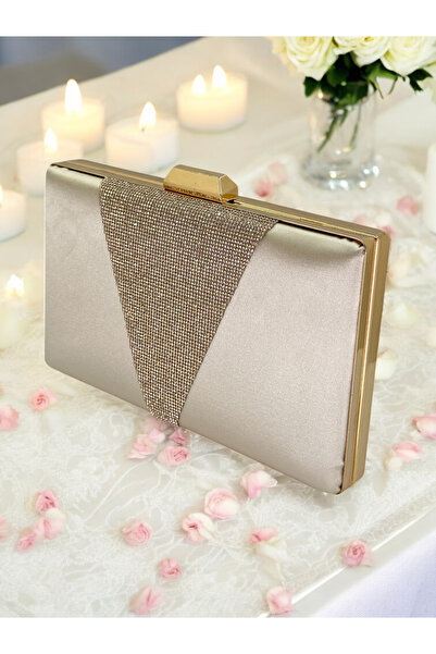 Ahenk Design Geantă elegantă din satin auriu cu pietre, pentru seară, nuntă s...