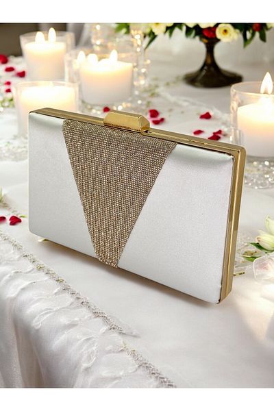 Ahenk Design Mother of Pearl Ecru Satin Gold Stone Evening Dress Bag Evening Bag Engagement Wedding Bag