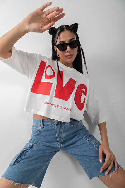 Love Baskılı Siyah Oversize Kadın Crop Tişört