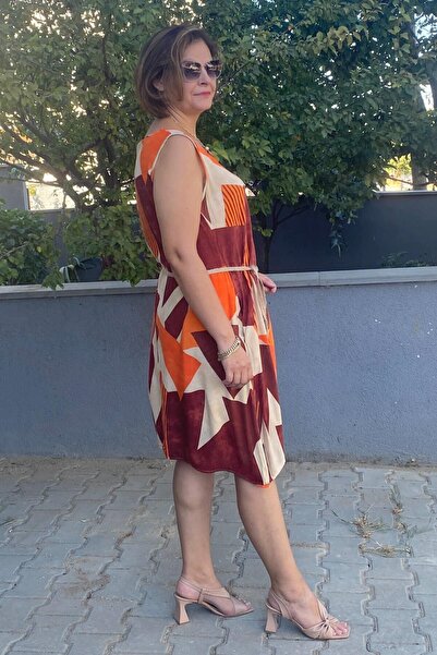 Mia Butik Plus Size Straps Coffee-Orange-Cream Geometric Print Dress