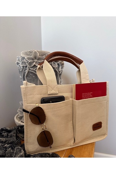 gabies Kadın Kanvas Kumaş Krem Renk Iki Adet Ön Cepli Tote Bag Baskılı El Ve ...