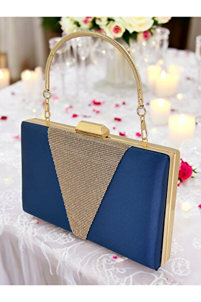 MidStore Albastru Marin Satin Rosegold Stone Mâner Metalic Geanta Seara Geanta Seara Geanta Nunta Logodna