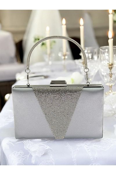 Wedding Fashion Geantă de seară satin gri cu mâner metalic și piatră argintie, geantă de nuntă și logodnă.