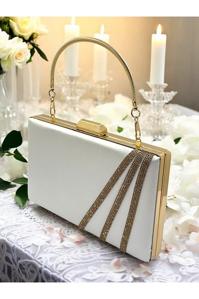 Ahenk Design Sedef Ecru Χρώμα Σατέν Σταυρός Rosegold Crystal Stone Γυναικείο βραδινό φόρεμα Τσάντα Γάμος Αρραβώνας Αποφοίτηση