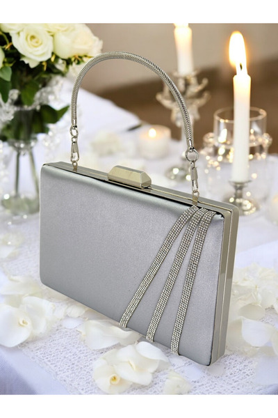 Generic Brand Gray Satin Textured Evening Dress Bag Silver Crystal Stone Cris...