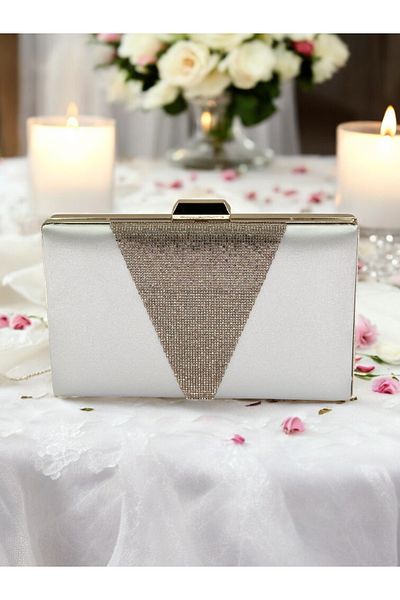 Ahenk Design Mother of Pearl Ecru Satin Gold Stone Evening Dress Bag Evening Bag Engagement Wedding Bag