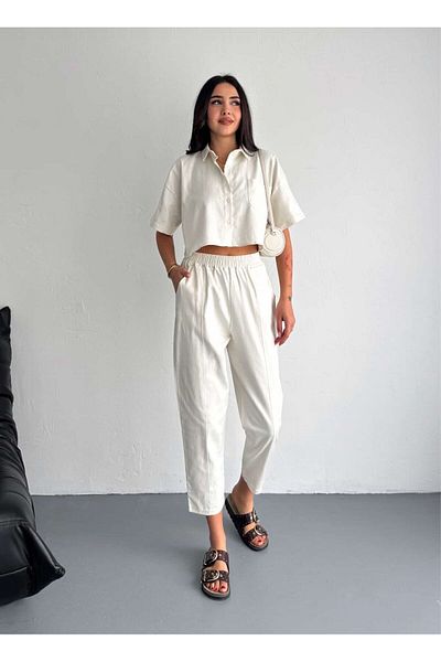 ALLEYTA Women's Linen Pocketed Trousers Shirt Double Set
