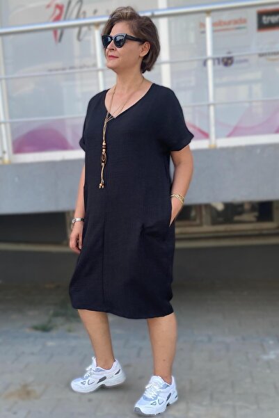 Mia Butik Plus Size Black Casual Dress with Necklace Gift