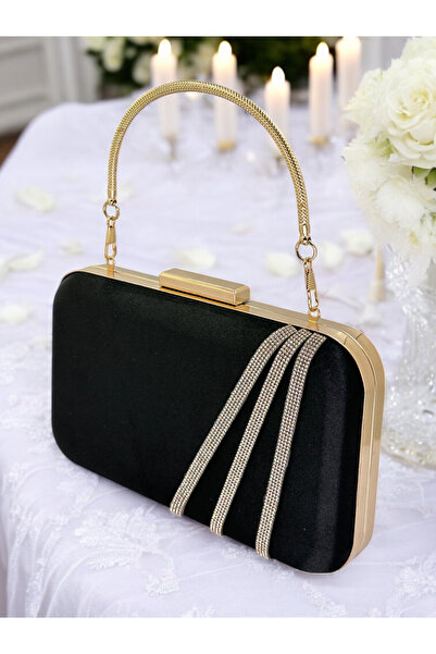 Wedding Fashion Geantă elegantă din satin negru decorată cu pietre aurii - pe...