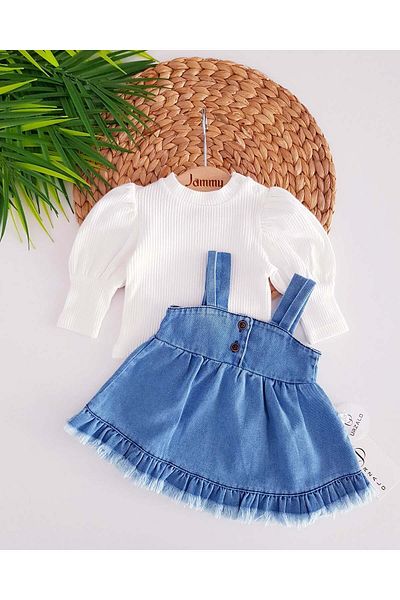 Jammybaby Cottonlycra Ribbed Tasseled Baby Girl Denim Gilet Dress & Balloon Blouse Luxury Jean Set
