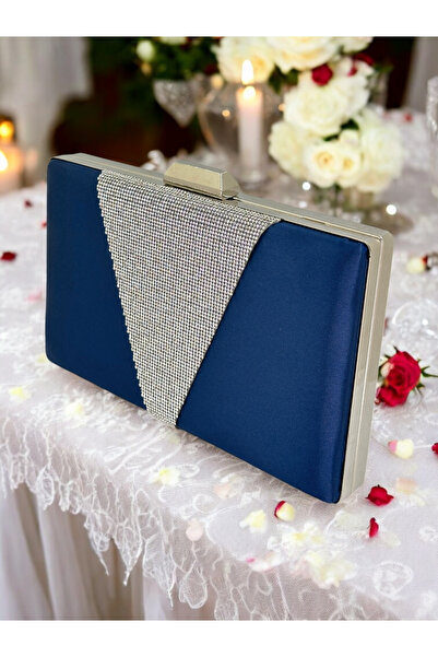 Ahenk Design Geantă elegantă din satin albastru marin cu pietre argintii, pen...