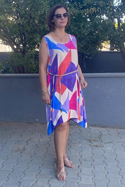 Mia Butik Plus Size Sling Purple-Blue-Cream Geometric Print Dress