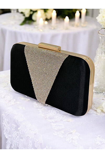 Ahenk Design Geantă elegantă din satin negru decorată cu pietre aurii - pentr...