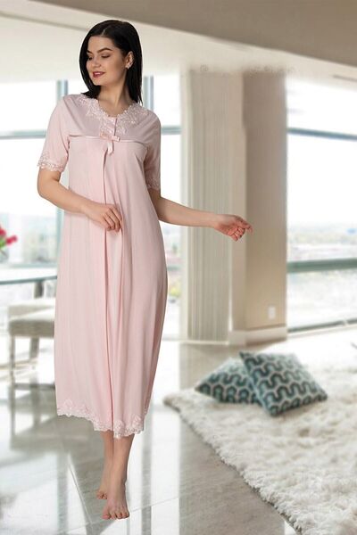 Effortt طقم ثوب نوم للحوامل من الدانتيل باللون الوردي البودرة 5033