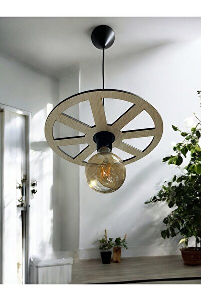 KAŞIKBEY WHEEL Tek Teker Tekerlek Avize Sarkıt Ahşap Dekoratif Cafe Restoran Rustik Balkon Bahçe Avizesi