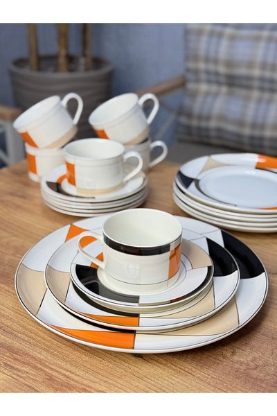 ACAR 19 Pcs Ariete Orange Geometric Porcelain Tea Cake Breakfast Set