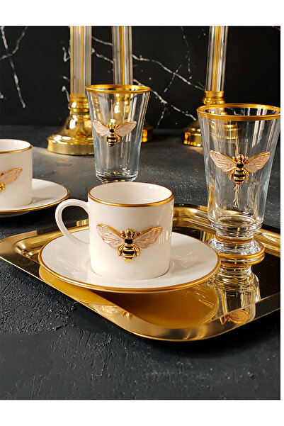 REGNA HOME Fine Living Queen Bee 2-Person Decorated Coffee Side Water Glass 6-Piece Coffee Cup Set