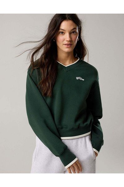 AMERICAN EAGLE Offline By Aerie Cloud Fleece V-neck Crew Sweatshirt