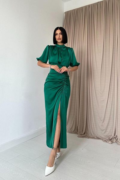 Kokosh moda Rochie din satin cu cordon petrol