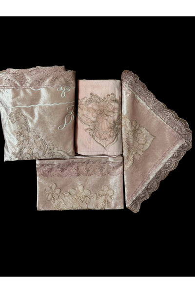 CONSTRAİN 4 Parça Fransız Güpür Işlemeli Kadife Çeyizlik Seccade Seti Gelin D...