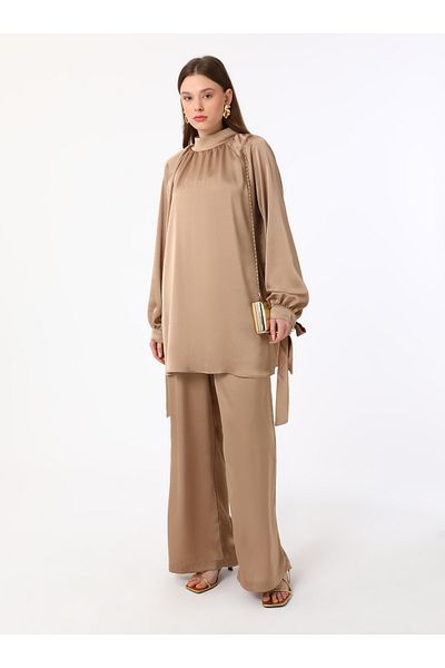 Refka Stone Colored Satin Tunic and Trousers Set of Two - Lacing Sleeve Detail - Refka