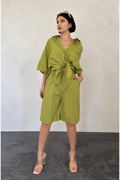 Simala Oil Green Short Sleeve Linen Shirt and Shorts Set