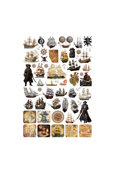Ororabutik Σετ αυτοκόλλητων 55 τμχ Vintage Historical Ship Piri Reis Pirate - Σετ αυτοκόλλητων Sketchbook
