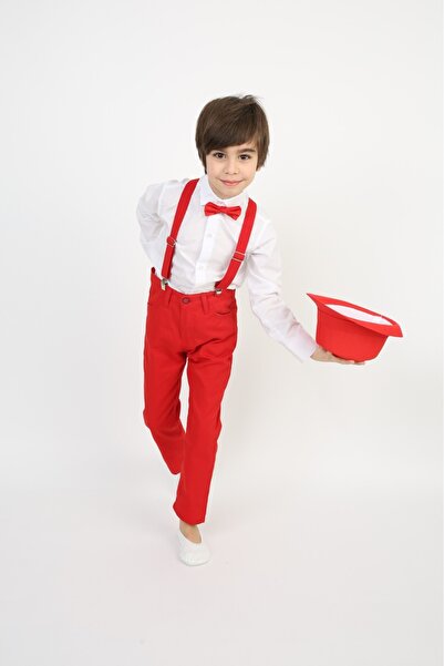 Nacar Erkek Çocuk Takım Askı Papyon Gömlek Pantalon Kırmızı