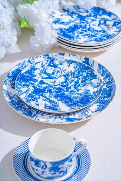 ACAR 19 Pcs Blue Blanc Porcelain Tea Cake Breakfast Set Kit