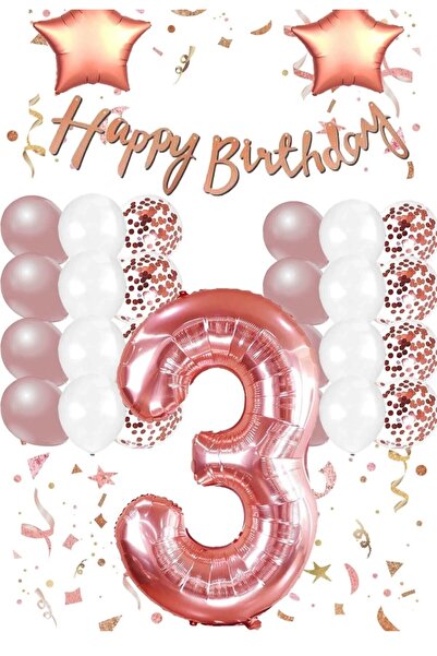 ALYA Party 3 Years Old Rose Number Foil Star Birthday Set Birthday Concept