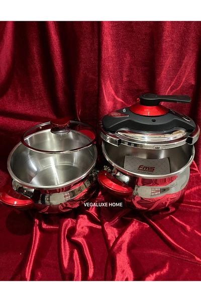 FMS Venus Twin 5 + 7 Liter Casserole Pressure Cooker Set + Glass Lid Red
