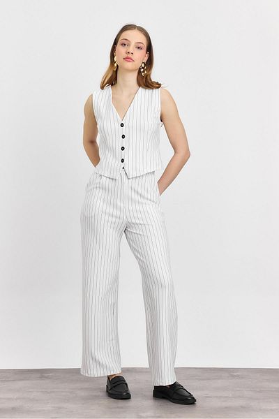 Rays 6622A Ecru Button Front Striped Vest and Trousers Set