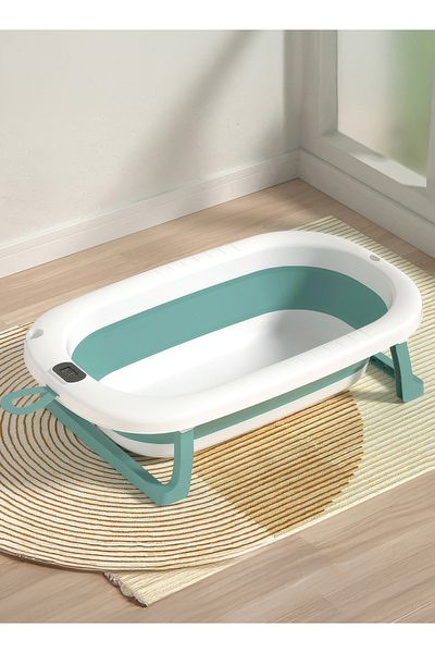 RENOVO Baby Bath Tub with Digital Thermometer, Drain Plug and Hanging Ring Portable Bathtub for Kids, Green