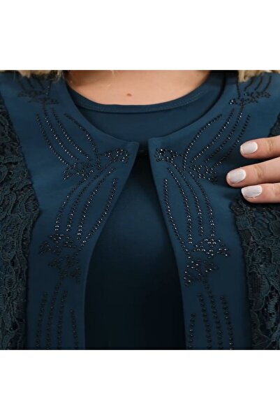 HESNA Large Size Shiny Stone Design Lace Embroidered Mother Top Evening Dress Suit