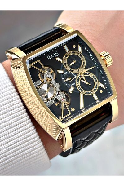 Romanson Automatic Mechanism Angular Dial Black-Gold Color Steel Case Men's Wristwatch 1054.08