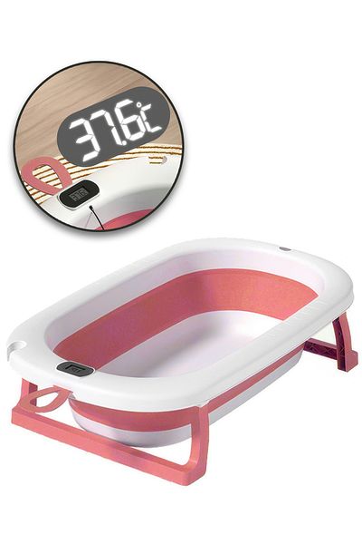 RENOVO Baby Bath Tub with Digital Thermometer, Drain Plug and Hanging Ring Portable Bathtub for Kids, Grey
