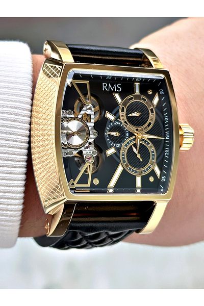 Romanson Automatic Mechanism Angular Dial Black-Gold Color Steel Case Men's Wristwatch 1054.08