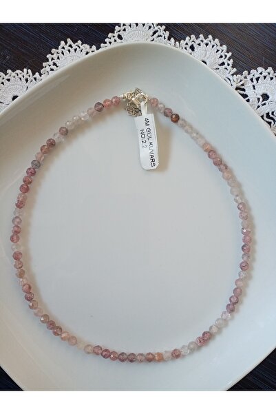 Mudita Tasarım 6 Mm Faset Kesım Gerçek Doğal Ham Gül Kuvars Kolye