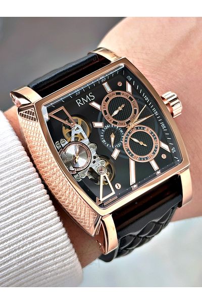Romanson Automatic Mechanism Angular Dial Black-Copper Color Steel Case Men's Wristwatch 1054.01