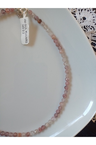 Mudita Tasarım 6 Mm Faset Kesım Gerçek Doğal Ham Gül Kuvars Kolye