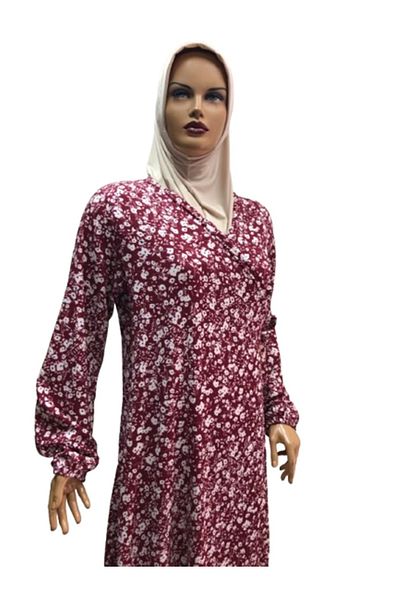 eflin Women's Hijab Clothing Prayer Dress Burgundy-Cream Floral Patterned Wrapped Lace